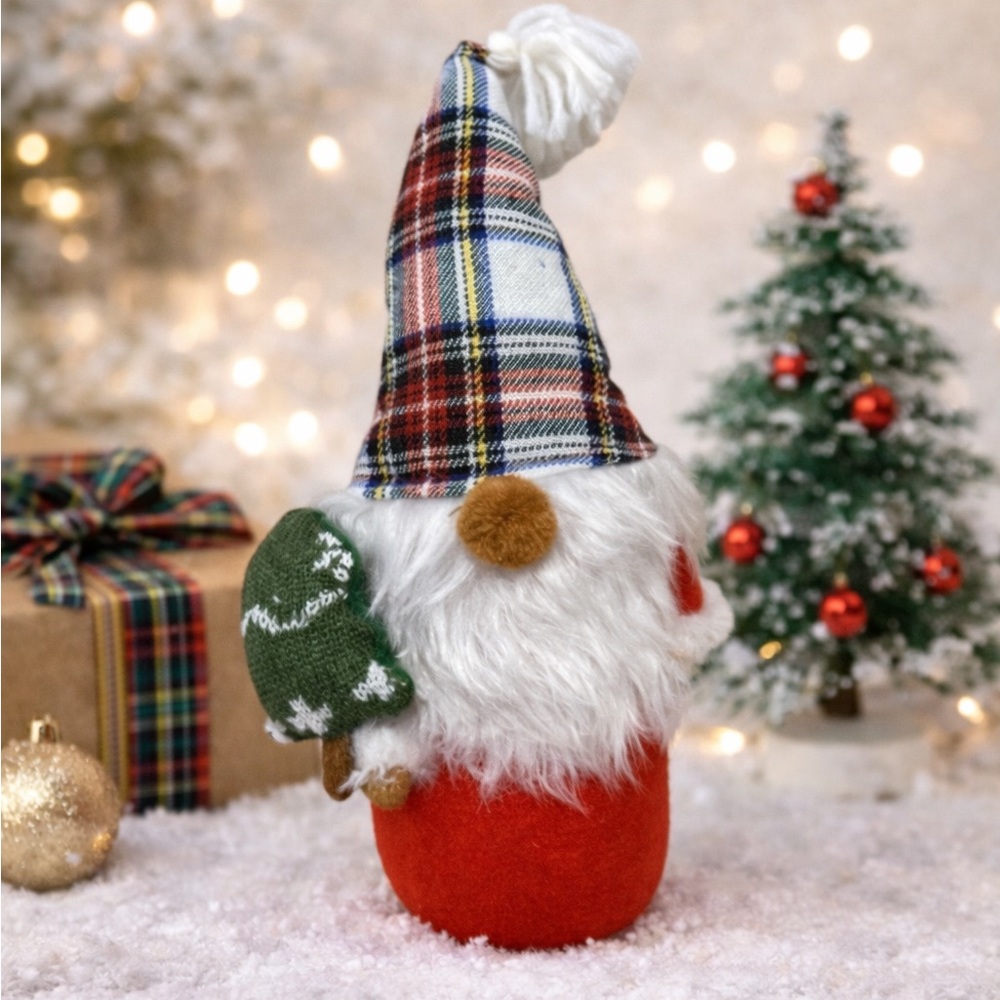Standing Heavy Christmas Gnome w/Plaid Hat and Christmas Tree